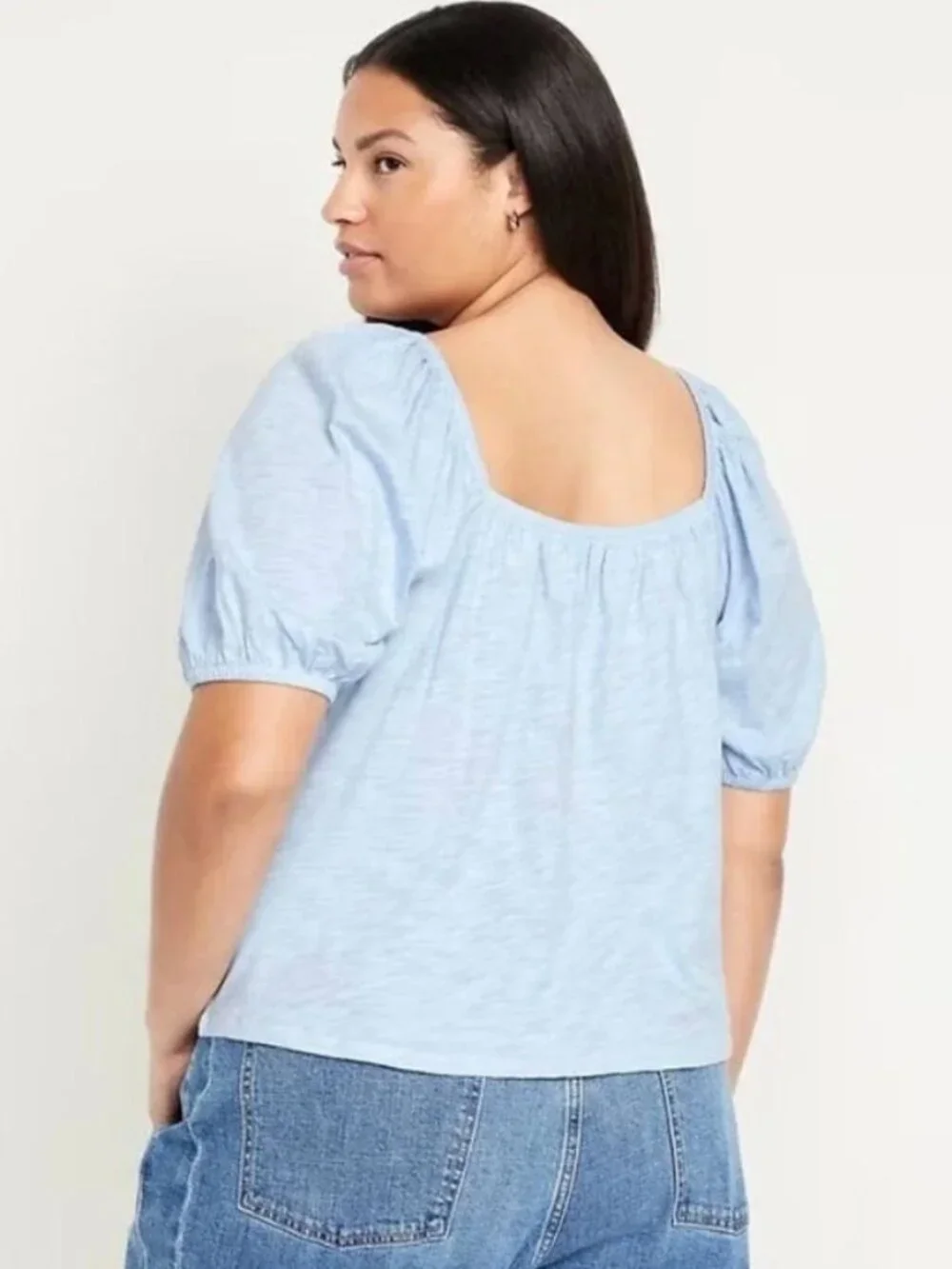 Old Navy Women’s Plus Size 3X Slub-Knit Jersey Square Neck Puff Sleeve Top Blue